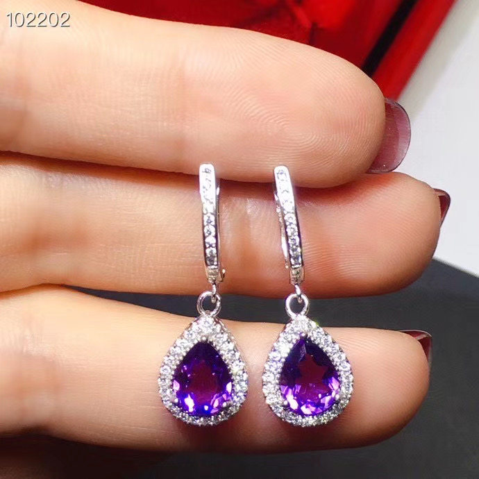 Серьги s925银镶天然紫水晶耳钉耳扣精致时尚漂亮紫色6*8mm水滴超美百搭 Xin Cheng