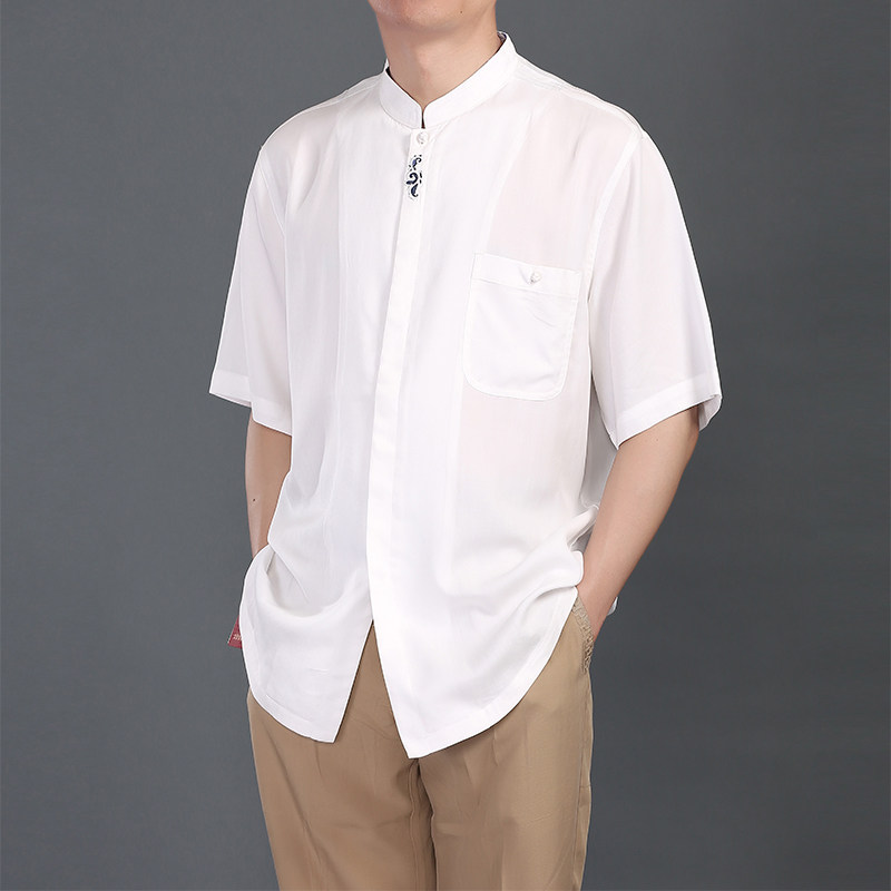 Chinese style blue and white porcelain fashion men's summer dress collar short sleeve jacket national clothing high-end men's Tang dress short sleeve