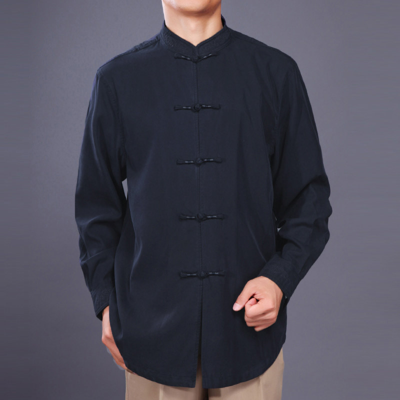 Chinese style embroidered stand-up collar buttoned long-sleeved shirt Men's Tang suit autumn new Chinese style buttoned top