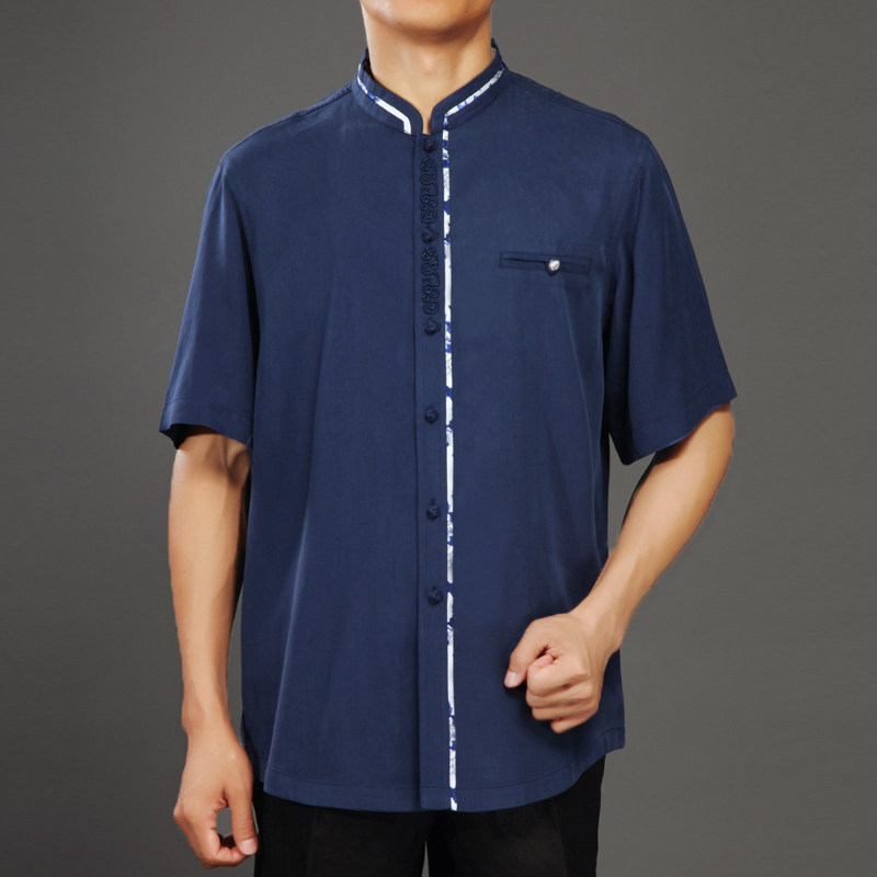 100 Forong Fashion National Wind Men's Tang Dress Short Sleeve Summer Dress New Real Silk Vintage Blue Flower Chinese Style Men's Clothing