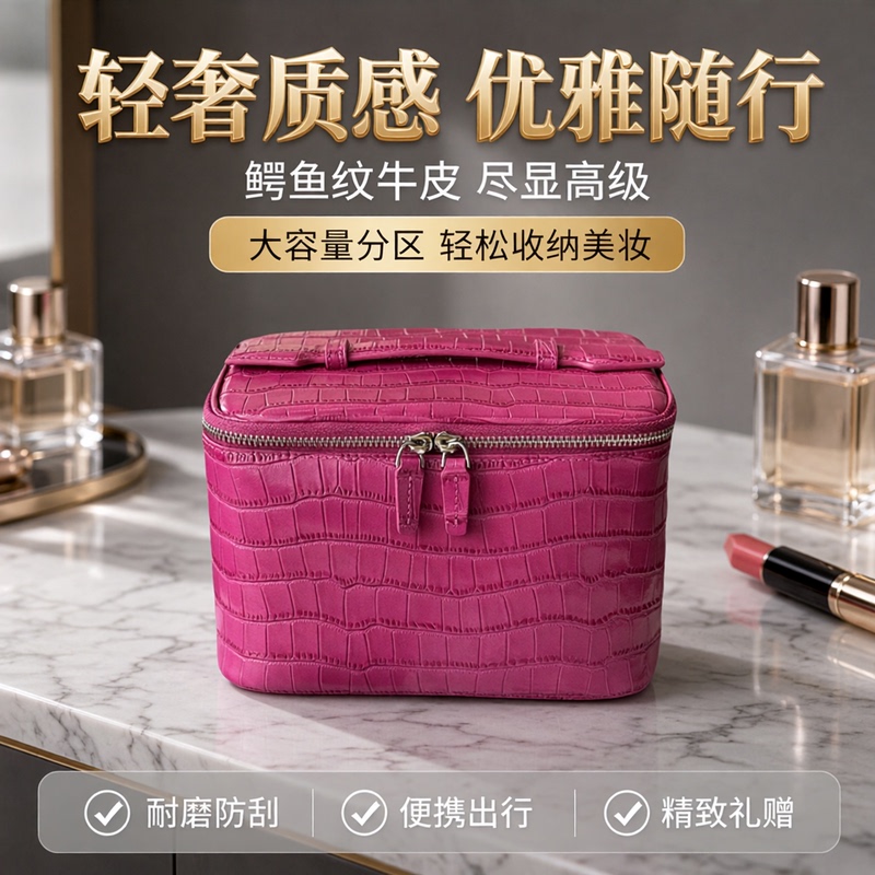 Crocodile Pattern Cosmetic Bag, Light Luxury Cowhide Makeup Bag, Large Capacity Toiletry Bag, Portable Travel Storage Bag, High-End Gift Crocodile Pattern Cosmetic Bag, Light Luxury Cowhide Makeup Bag, Large Capacity Toiletry Bag, Portable Travel Storage Bag, High-End Gift