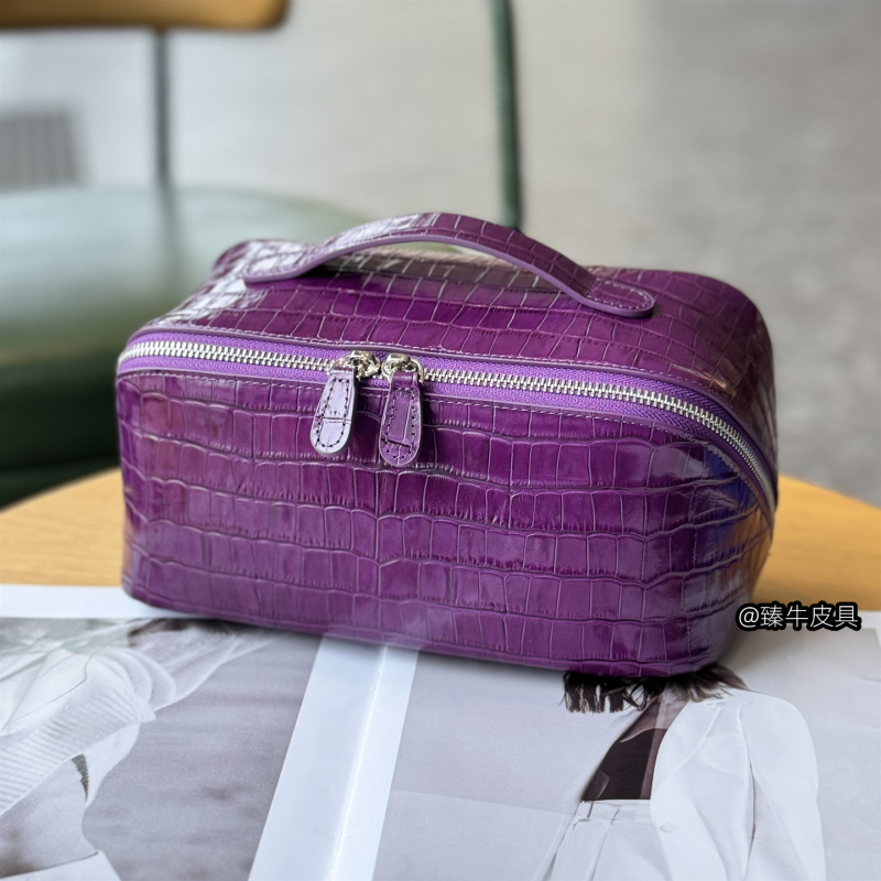 Crocodile Pattern Genuine Leather Cosmetic Bag, Large Capacity First-Layer Cowhide Storage Bag, Practical Handbag, Business Trip Toiletry Bag