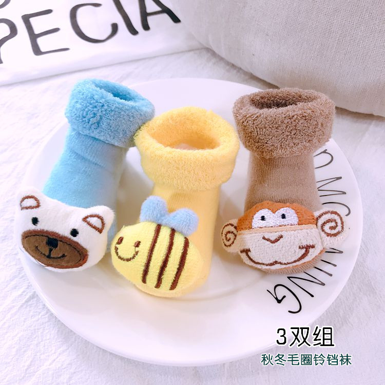 3 Twin Sets Autumn Winter Newborns Thickened Woolen Loop Paparazzi Bell Socks Korean version 0-1-year-old baby cartoon baby socks