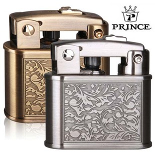 Special import Japanese Prince Prince retro kerosene cotton oil lighter engraving Tang grass Safety lock gold and silver