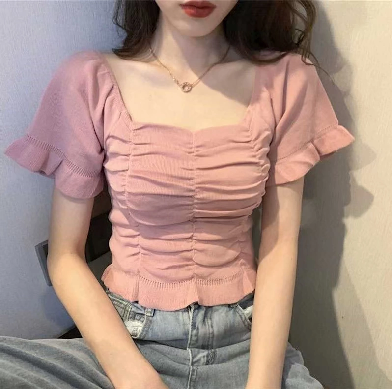 eo cao tiếp xúc với dây rốn cắt cổ áo cổ áo cổ áo đầu retro Hepburn gió trái bơ thanh lịch xanh t-shirt ngắn tay nữ mùa hè