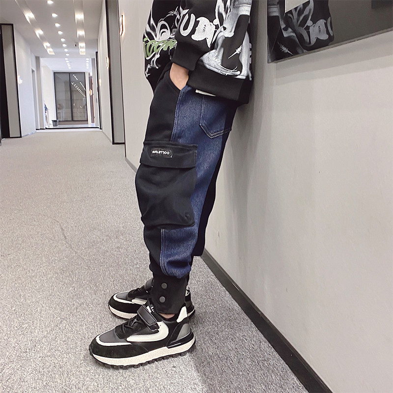 Boys denim knit patchwork pieces one piece fleece cargo pants winter coat children plus fleece slacks in the big boy thick pants