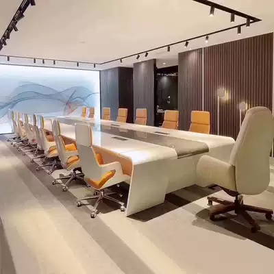 Modern light luxury bright white paint negotiation table with wire box lifter business office bar large conference table