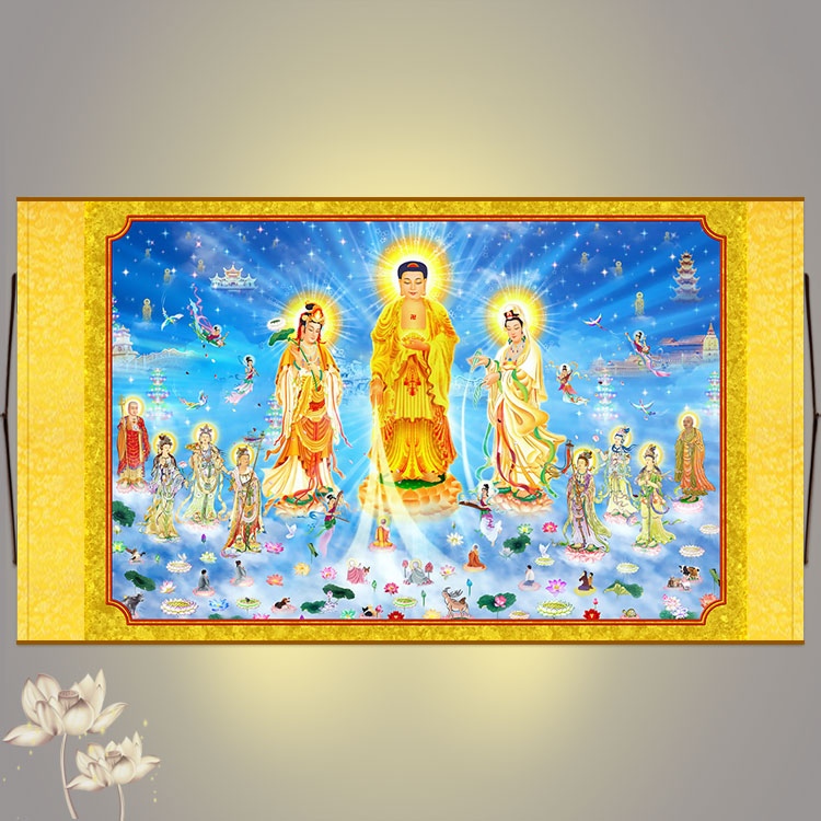 The Western Three Holy Citation Plots Cross the Hung Paintings of Amitabu Buddha Guanyin Tai-to-BodhisattBodhisattva Portrait Banner Scroll Painting