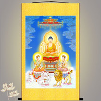 High-definition Three-Saint-Portrait Sakyamuni Buddha Statue of the Manjusri Bodhisattva Silk Cloth Scroll Hung Painting Custom