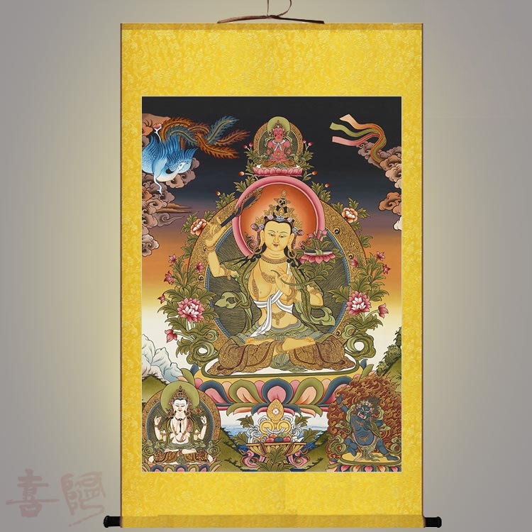Portrait of Manjushri Bodhisattva Silk Material Thangka Buddha Statue Painting The living room of the Buddhist hall is decorated with silk scroll scroll hanging painting