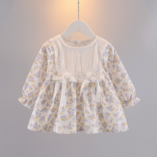 6 month baby girl autumn princess dress 0-1 year old girl long-sleeved cotton broken flower foreign style small skirt baby clothes