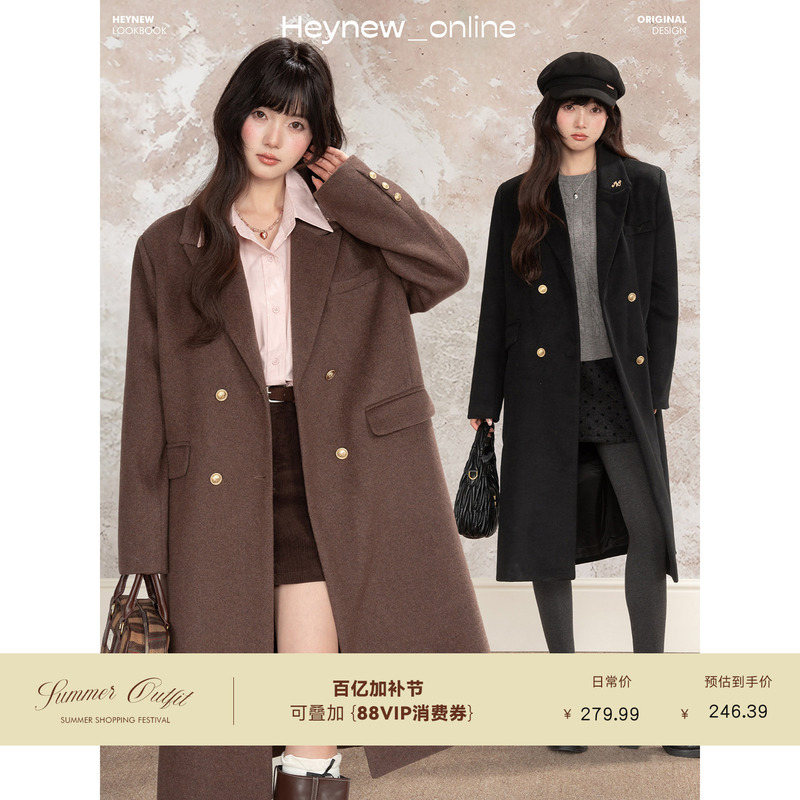 【Sheep Wool】Loveheynew Woolen Coat, Black Mid-Length Style, College Girl Winter Thickened Woolen Jacket