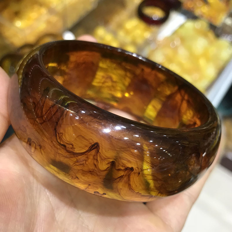 Myanmar gold-fiber wax bracelet female wide-edition second generation amber gold-female bracelet cut through tea-perber bracelet