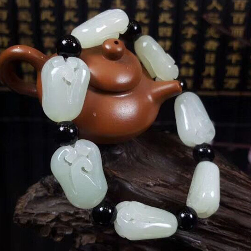 Hetian Jade Bracelet Seed Material Carved Fu Lu Shou Fu Gua Bracelet Chayote Jade Bracelet Men and Women Send Certificate