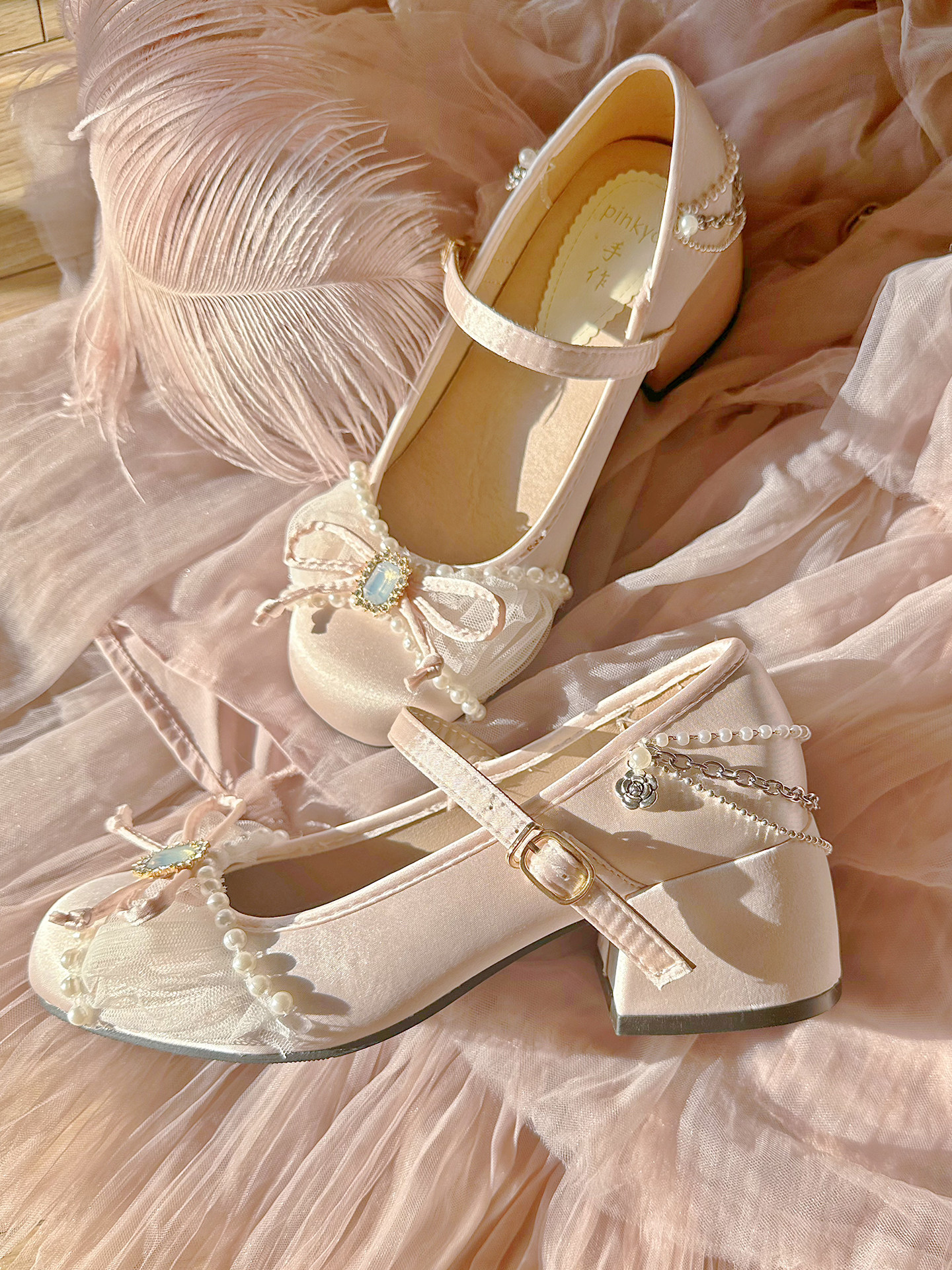PINKYO Original French Mary Jane Shoes, Sweet Fairy Bow Low-Cut Flats, Women's Round Toe Chunky Heel High Heels