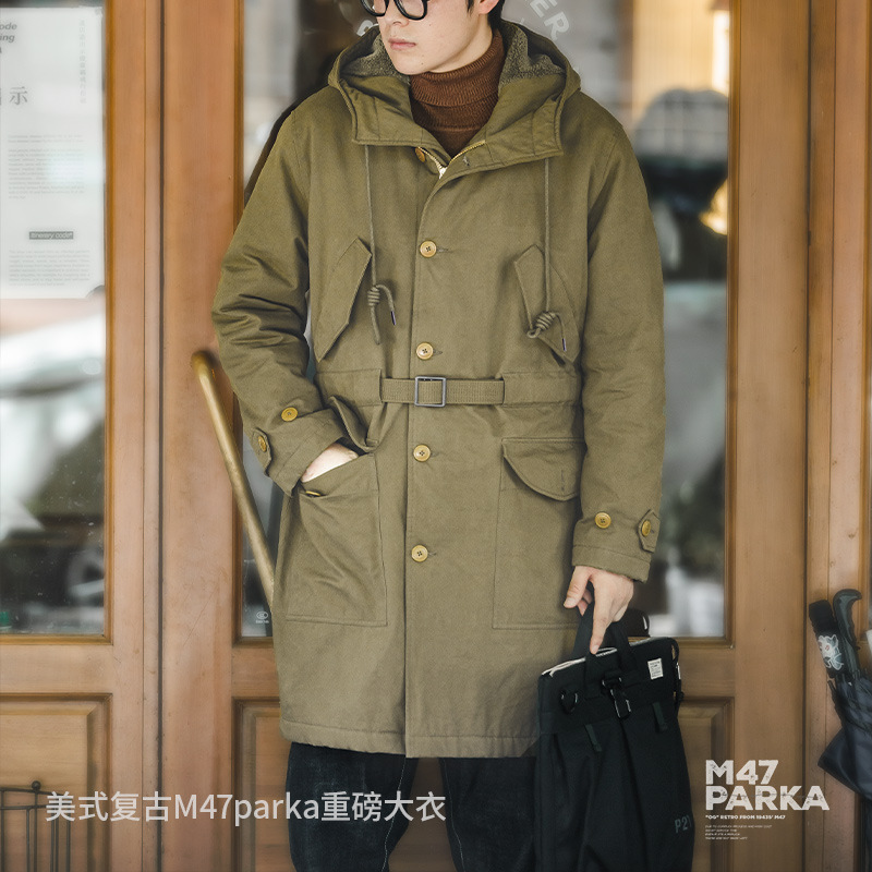 Madden Workwear American Retro M47 Parka Men's Heavyweight Outwear Hooded Warm Mid-Length Cotton Outwear Winter