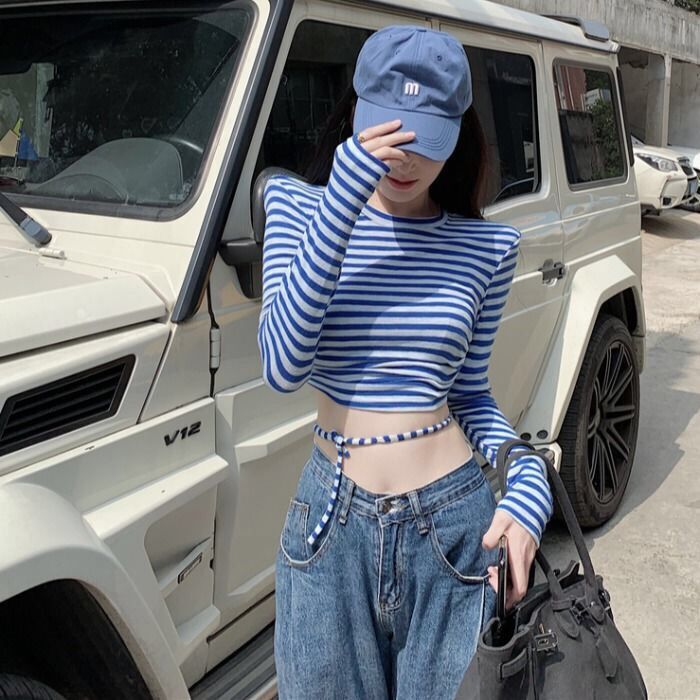 This Year's Popular Striped Long-Sleeve T-Shirt for Women, Stylish Color-Blocked Top, High-Waisted Cropped T-Shirt, Autumn Style This Year's Popular Striped Long-Sleeve T-Shirt for Women, Stylish Color-Blocked Top, High-Waisted Cropped T-Shirt, Autumn Style