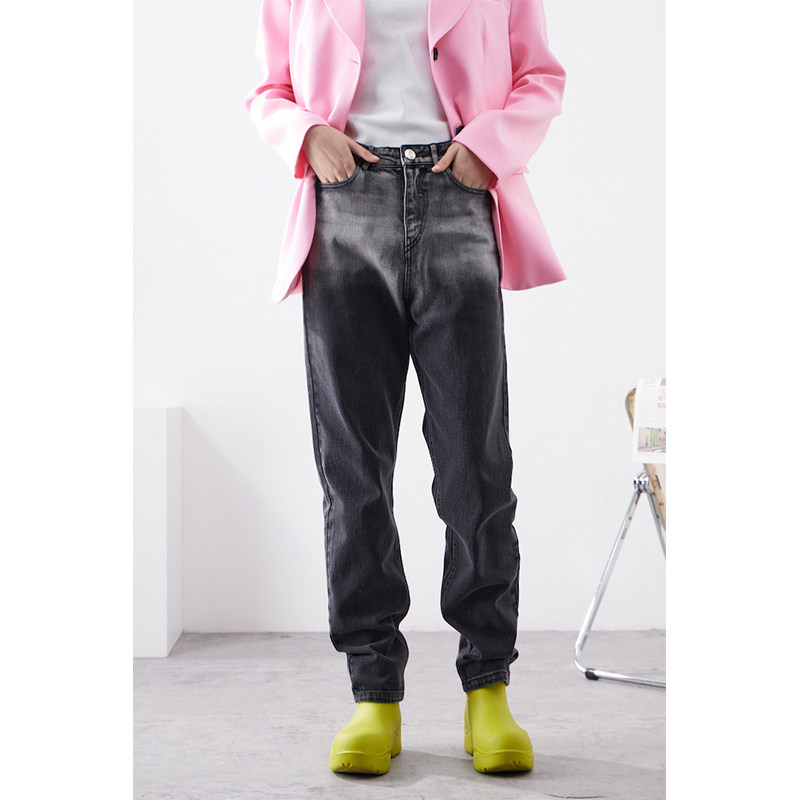 1 Smecta Niche Charcoal Gray Gradient Washed Color Straight Leg Slim High Waist Personalized Jeans Women Early Spring