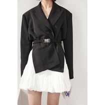 LAN VIVIER niche design neatly folded flap waist suit short jacket cloud high waist mini skirt