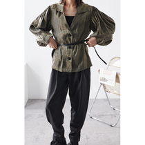LAN VIVIER special texture niche design grape buckle loose suit collar olive shirt coat