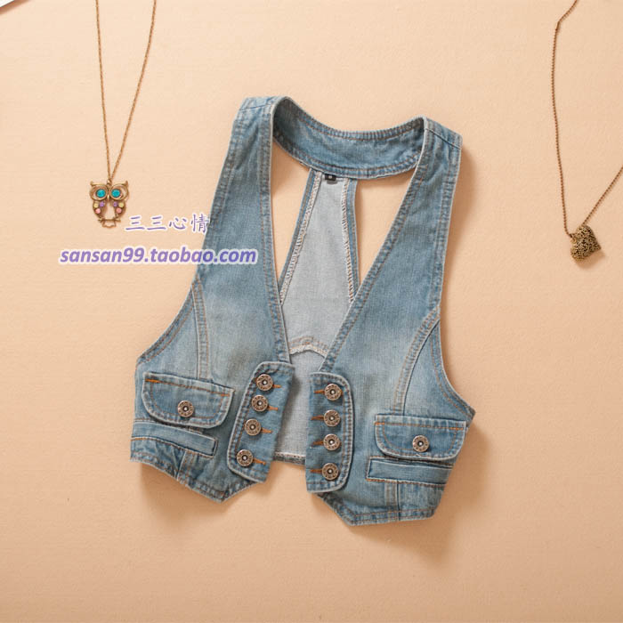 Denim vest nữ mùa hè vest đoạn ngắn không tay vest bên ngoài mỏng treo cổ vest áo khoác màu eo rắn mẫu áo khoác nữ đẹp 2020