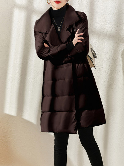 Jian Man Hug's Temperature Real 90 White Goose Down Stowable Lapel Mid-Length Bread Down Jacket for Women