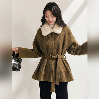 Jianman [Winter Warm Fleece] Wool Lace-Up Waist-Cinching Fur Collar Coat for Women, Artistic Style Special Fuzzy Coat