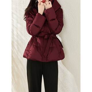 Simple and Lightweight, Artistic Retro Red Glossy Hooded Lace-Up Short down Jacket with Thickened White Goose down for Winter