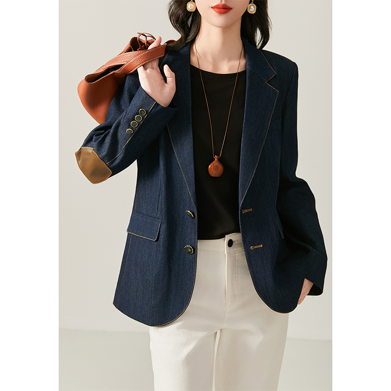 Jianman [Fashion Retro] Contrast Stitching Suede Patchwork Denim Blue Korean Style Casual Blazer for Women