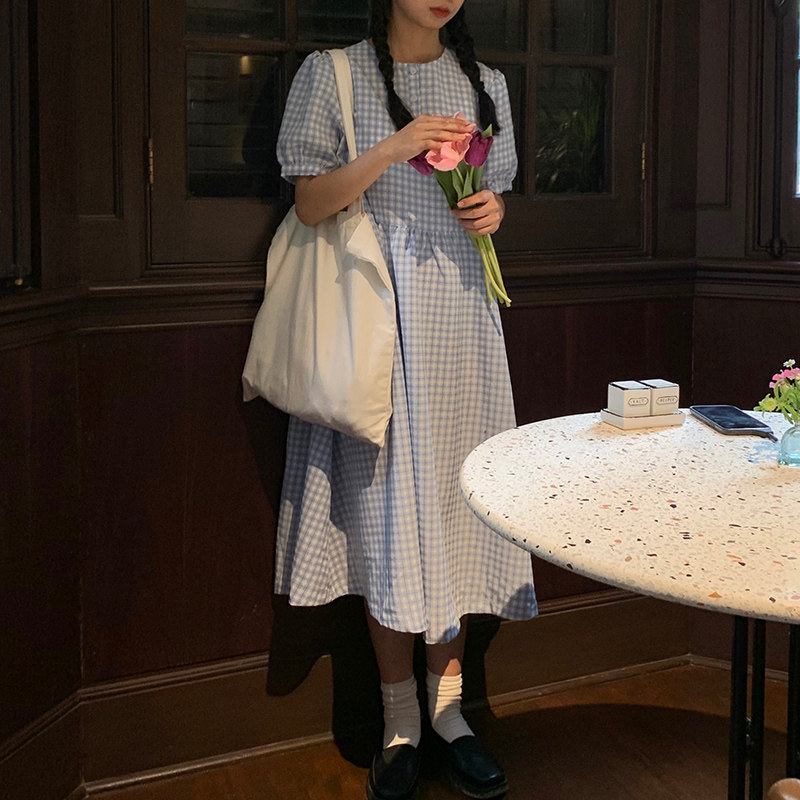 RAINY Summer Special Sweet Beauty Plaid with Skirt Summer College Wind Girl Skirt Small Sub Short Sleeve Long Ocean Dress