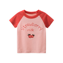 Girls are cute cotton short - sleeved T - shirts with cute letters strawberries red half sleeved baby cartoon tops 1 - 8 years old leisure cute