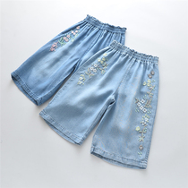 Girls cotton sand wash Tencel denim wide leg pants summer treasure childrens clothing Capri pants casual embroidery foreign style soft