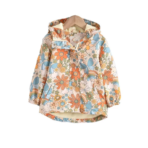Куртка для девочек, утепленный ветрозащитный бархатный плащ, цветочный принт