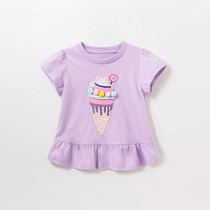 Girls cotton short - sleeved T - shirt 2022 Summer New Childrens Cartoon Ice Cream Purple Left Low Leaves