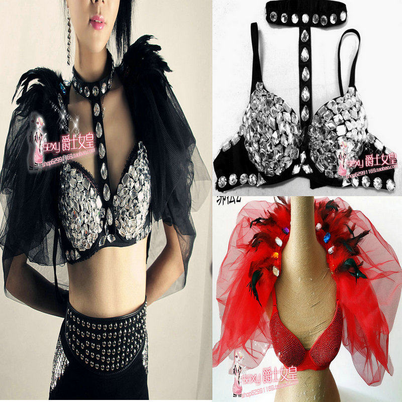 Nightclub men's and women's feather shoulder ornaments stage costumes bar female singer DS lead dance fashion bright diamond bra new