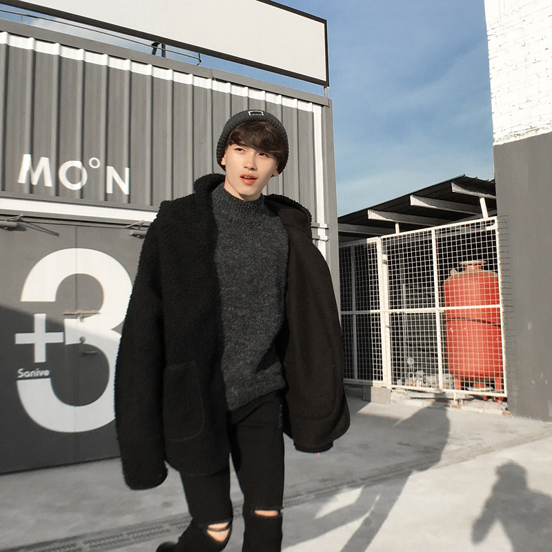 韩版春秋季bf风宽松纯色黑色百搭加厚男士短款夹克羊羔毛外套潮