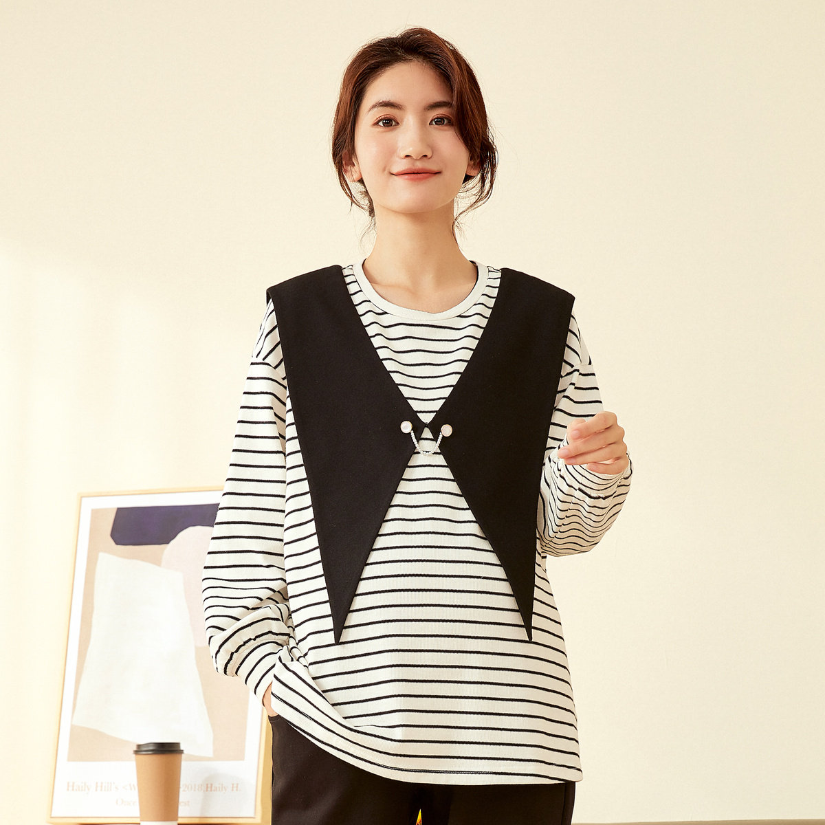 Pregnancy color maternity top fashion fake two pieces retro vest striped T-shirt spring and autumn casual loose long-sleeved round neck T