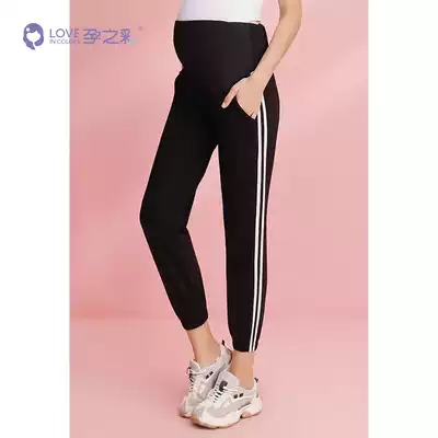 Pregnancy color pregnant women pants 2021 Spring and Autumn New stripes stitching leisure sports outside wear fashion belly tie pants
