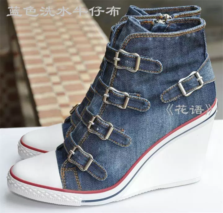 Châu Âu ga cao dốc cao để giúp bốn khóa giày đơn tăng màu xanh denim vải thể thao kích thước lớn giày cỡ nhỏ làm bằng tay - Giày cao gót shop giày thể thao nữ