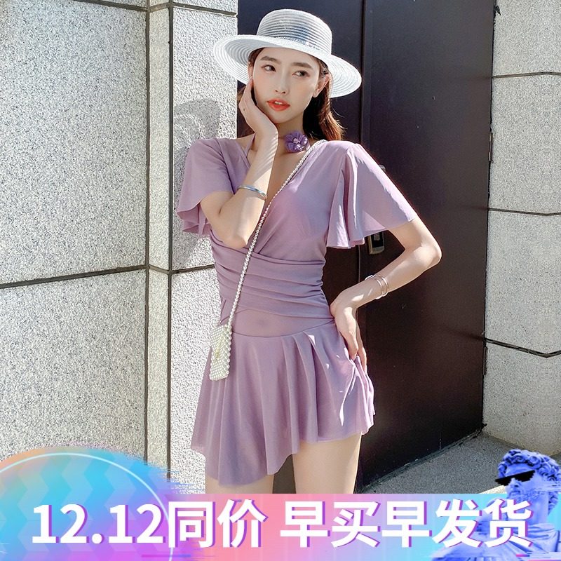 New swimsuit women's V-neck black gauze sexy dress slim short sleeve belly small chest gathered small fragrance style