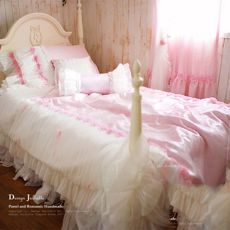 South Korea Design-julliette pink princess real silk bunk bed goods bedding silk slip four sets of bed skirts