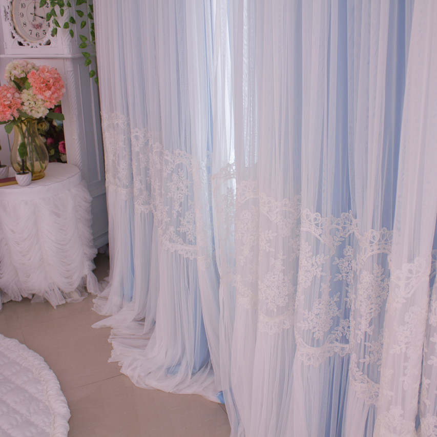 Korean style full shading insulation double layer embroidery lace forest bedroom living room study blue floating window curtain curtain