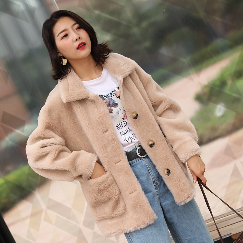 绒眸2019冬季新款皮草外套羊剪绒大衣女皮毛一体颗粒羊毛绒外套女
