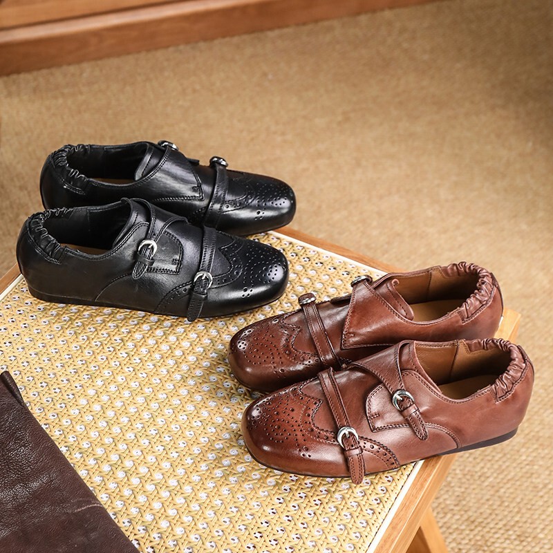 【Washed Horse Leather and Sheepskin】Zhuoya New Vintage Single Shoes, Everyday Flat Heels, Carved Brogue Soft-Soled Women's Shoes 【Washed Horse Leather and Sheepskin】Zhuoya New Vintage Single Shoes, Everyday Flat Heels, Carved Brogue Soft-Soled Women's Shoes