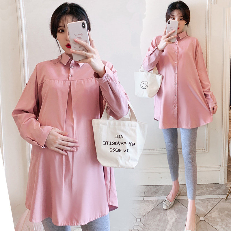 Maternity dress autumn Korean style loose long-sleeved shirt autumn mid-length top spring and autumn two-piece suit
