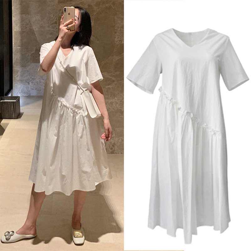 Maternity dress summer fashion short-sleeved cotton summer mid-length version loose large size white skirt summer thin section