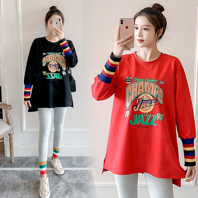 Pregnant women's sweater fall fashion thread sleeve early autumn thin section long-sleeved T-shirt Korean version top mid-length loose spring and autumn