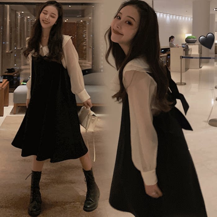 Maternity autumn dress loose mid-length version doll collar shirt top early autumn baby bag skirt Western style two-piece suit