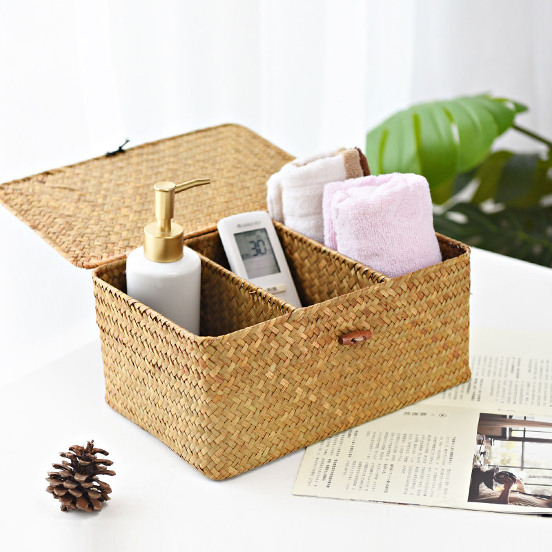 Seagrass braided with lid large three-grid storage basket desktop sundries underwear sorting box non-wicker rattan basket handmade box