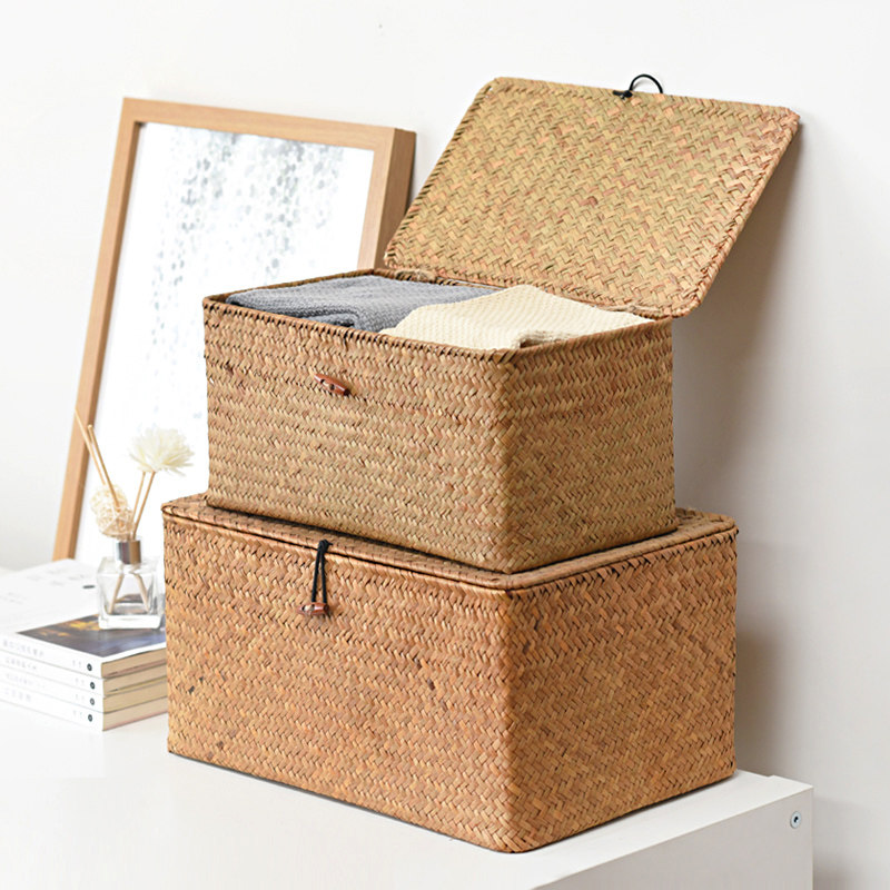 Seaweed woven basket storage box storage box finishing box Japanese-style rattan storage basket bamboo basket desktop rattan basket bamboo basket